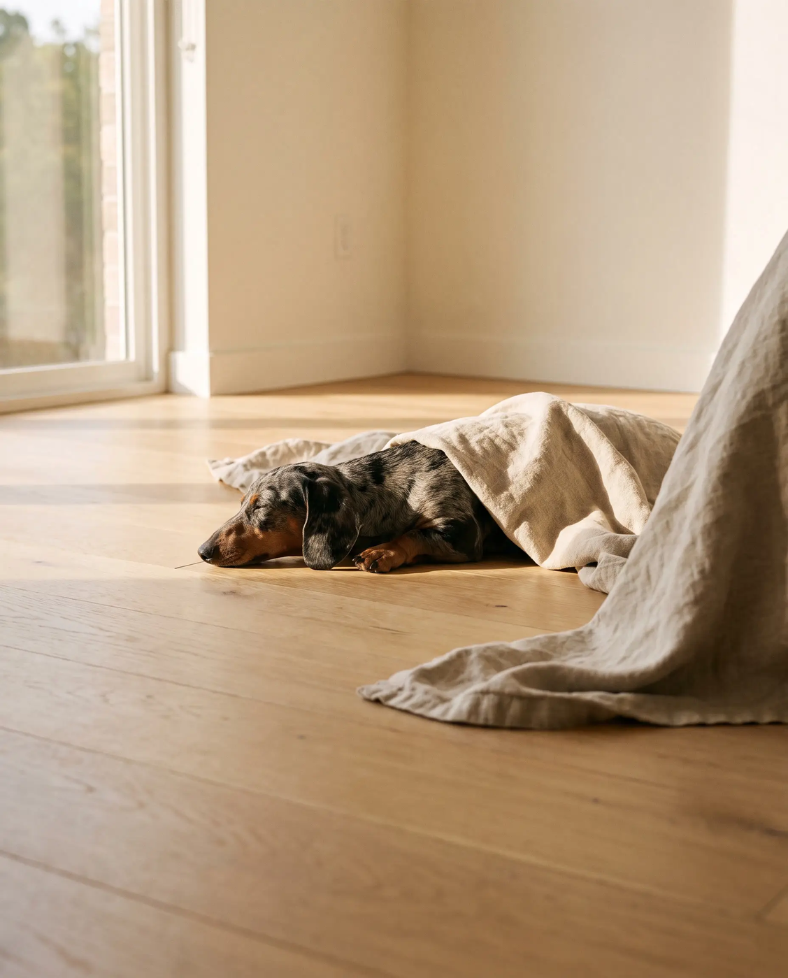 A dapple dachshund asleep on the floor, burrowed under a linen blanket with only its head showing