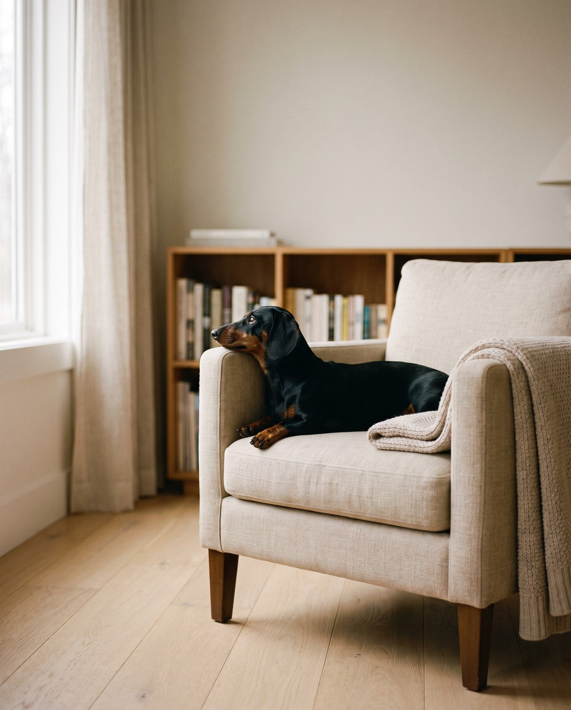 A black and tan dachshund resting on a linen armchair in soft window light