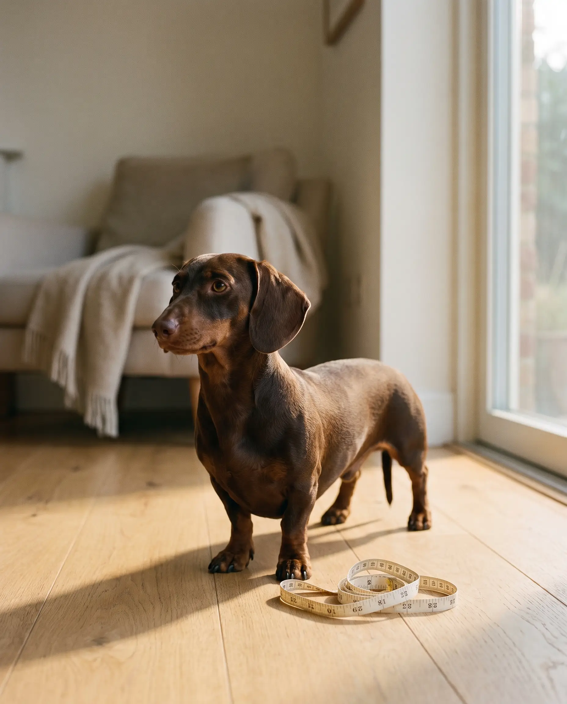 A chocolate smooth-coated dachshund standing on an oak floor beside a coiled tape measure, ready to be measured for a harness