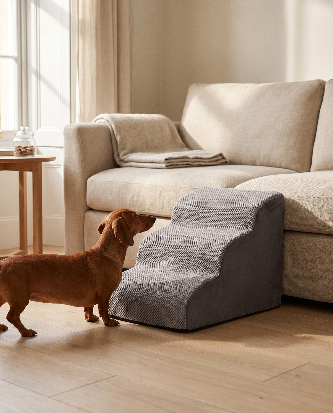 A red dachshund pausing at the foot of the Doxie Guard pet stairs beside a sofa