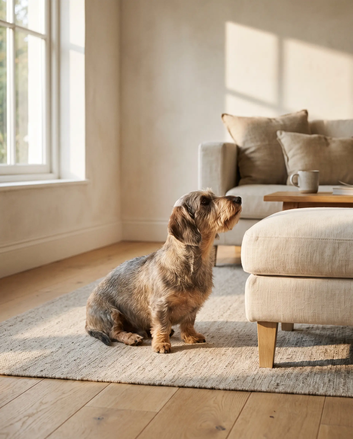 A wirehaired dachshund sitting on a linen rug, looking up at the sofa it wants to reach