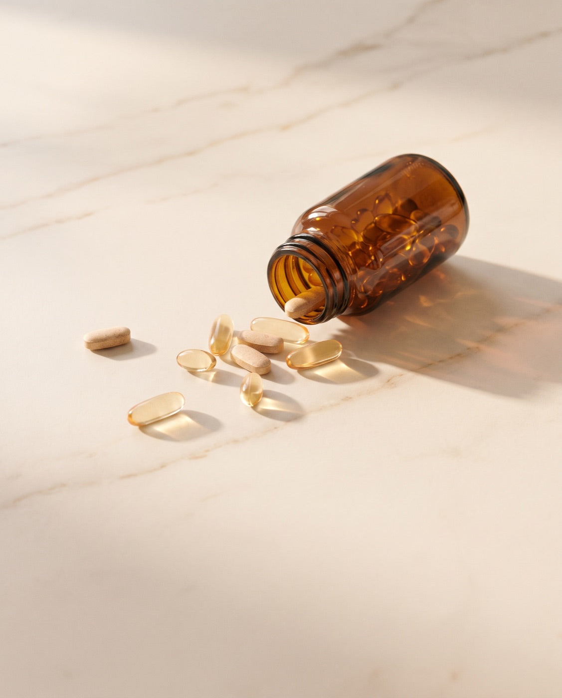 Dog joint supplement bottle and capsules on a cream surface