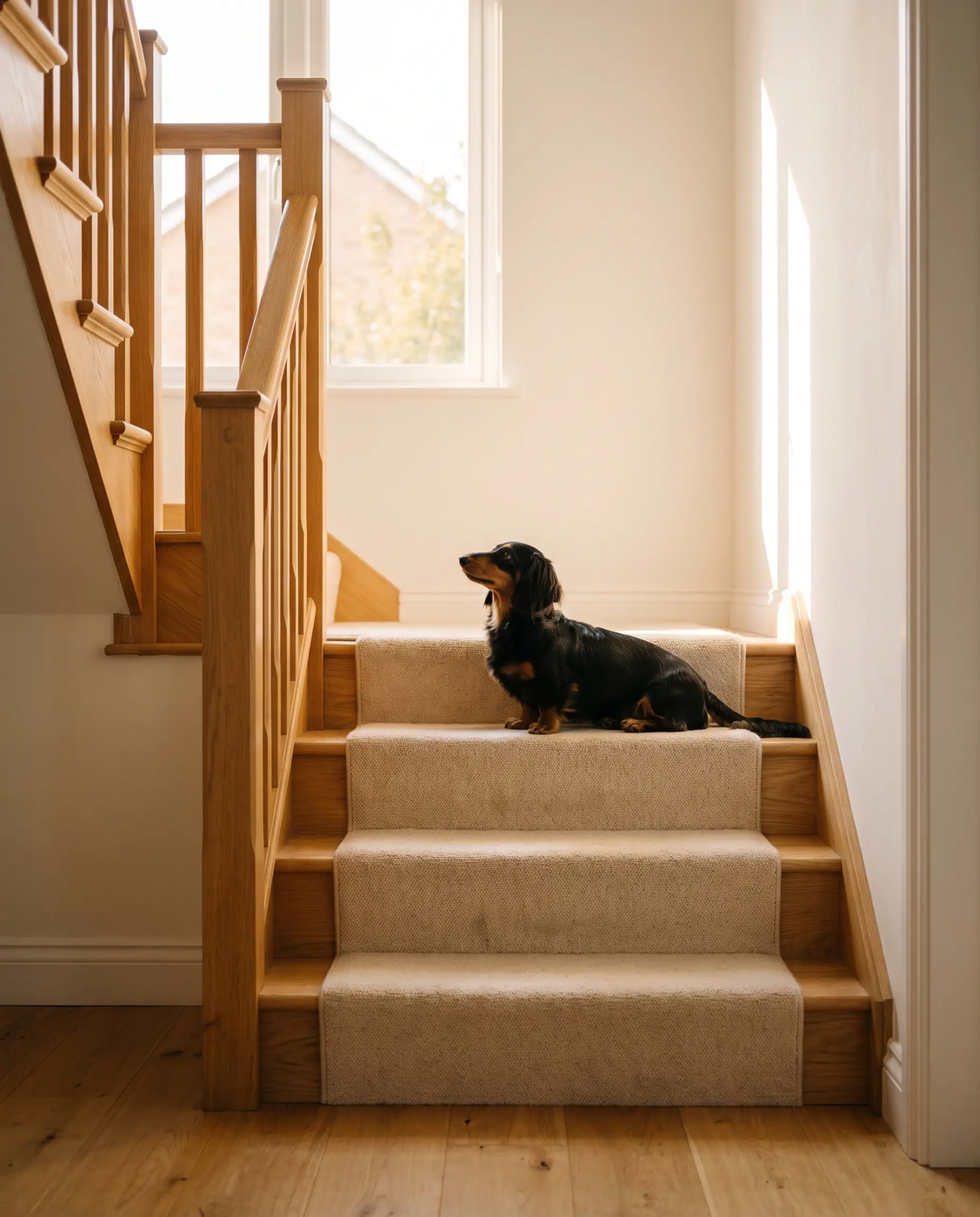 A black and tan long-haired dachshund sitting partway up a carpeted staircase, looking up toward the landing