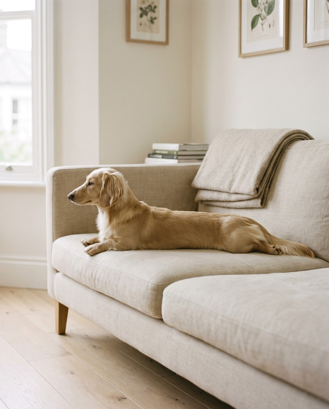 A cream long haired dachshund stretched out in profile along a linen sofa