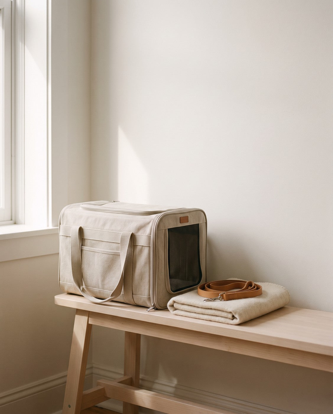 A soft sided pet carrier and a leash resting on a wooden bench in daylight