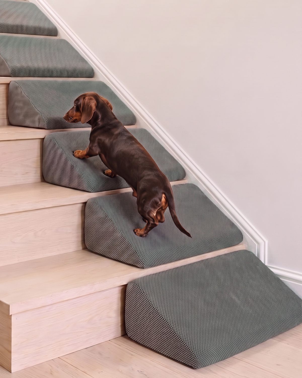 A chocolate and tan dachshund climbing a run of Doxie Guard stair wedges fitted along one side of a pale oak staircase, with clear tread left to walk on