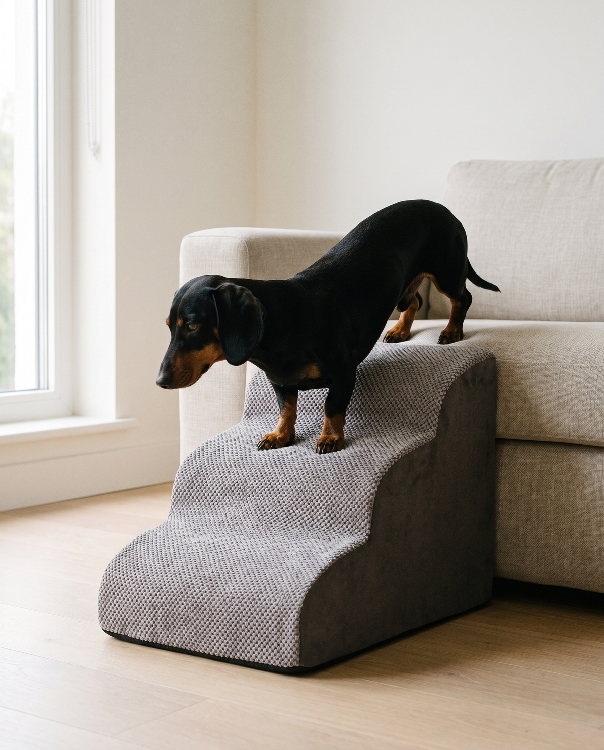 A black and tan dachshund walking down the Doxie Guard pet stairs from a sofa