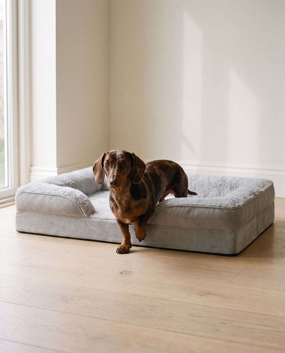 A chocolate dapple dachshund stepping over the low open front of the Doxie Guard bed
