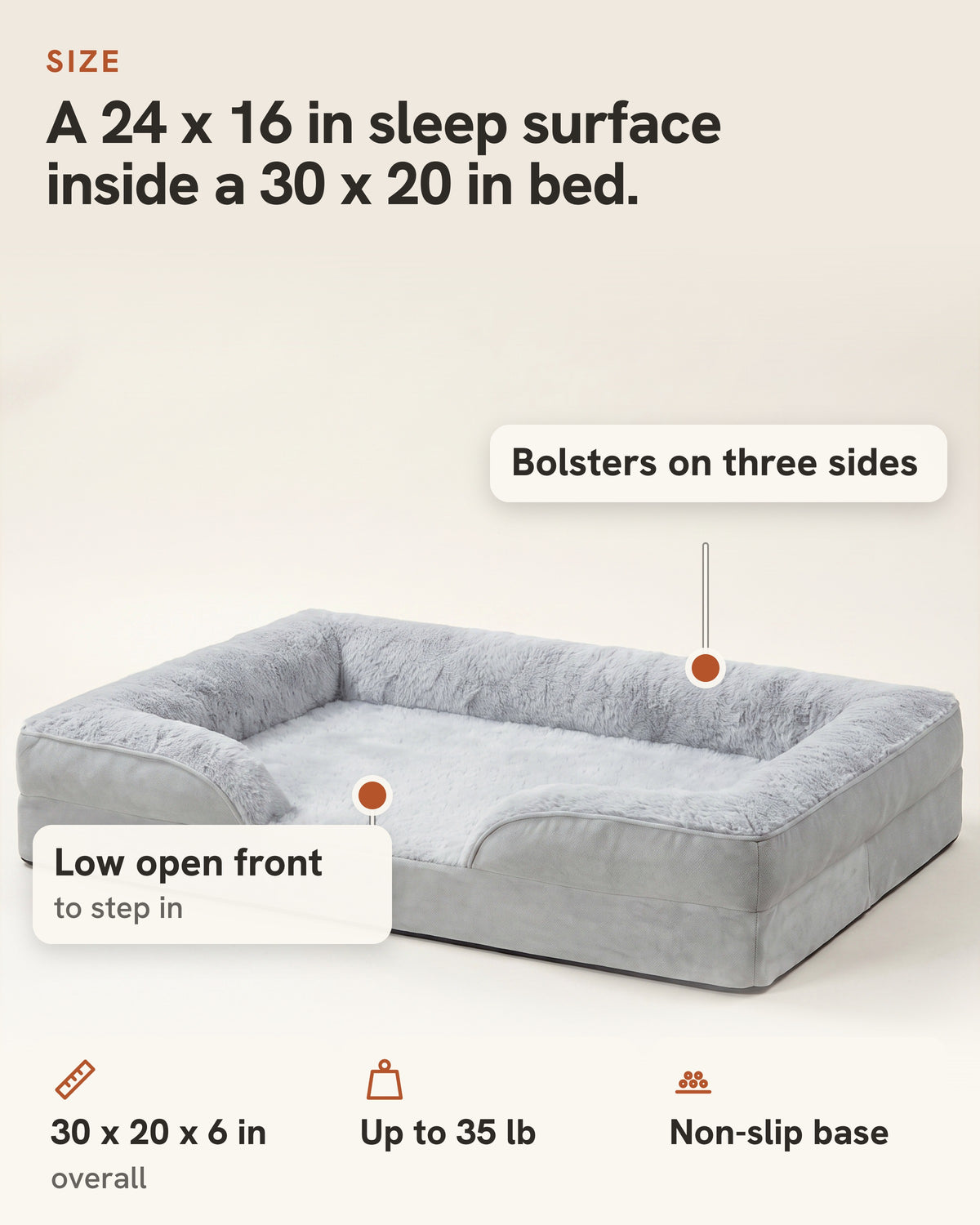 The Doxie Orthopedic Bed: a 24 x 16 in sleep surface inside a 30 x 20 in bed, with a low open front to step in and bolsters on three sides. 30 x 20 x 6 in overall, up to 35 lb, non-slip base.