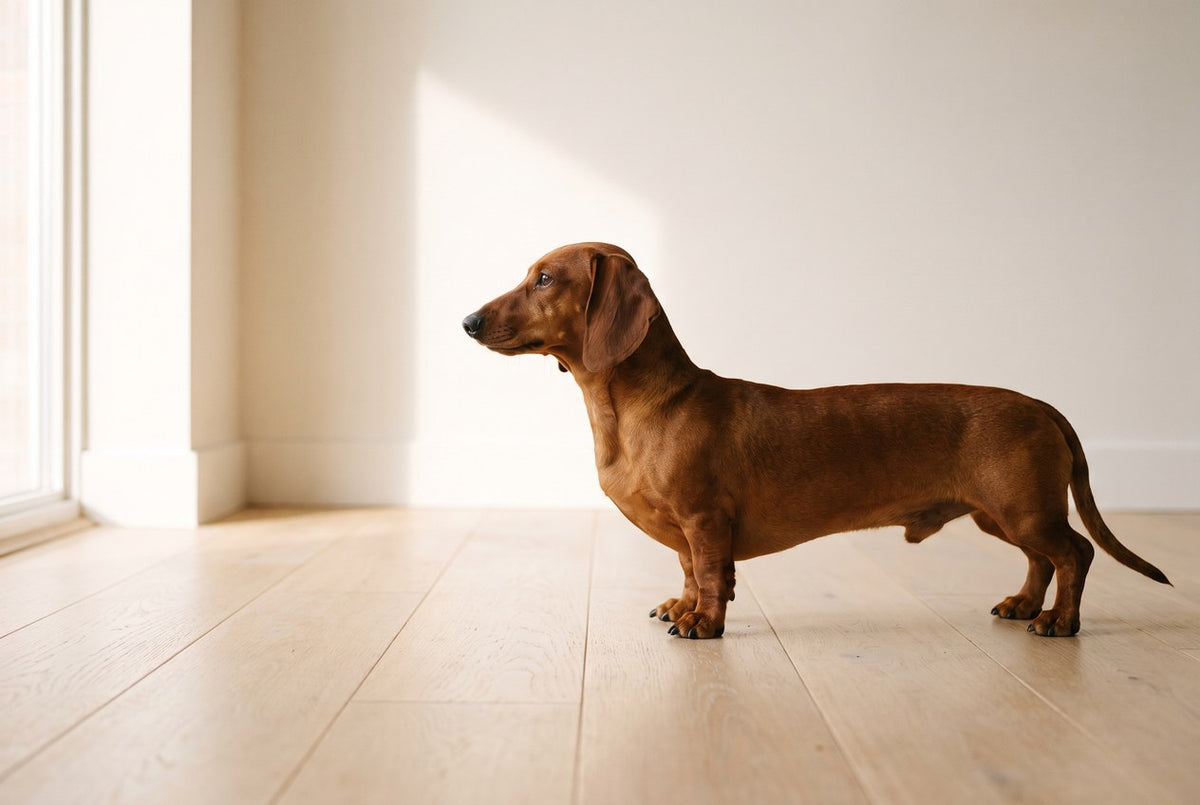 A red dachshund standing in profile in warm daylight, showing the long low build