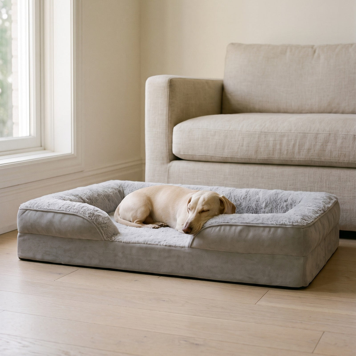A cream dachshund asleep on the Doxie Guard orthopedic bed