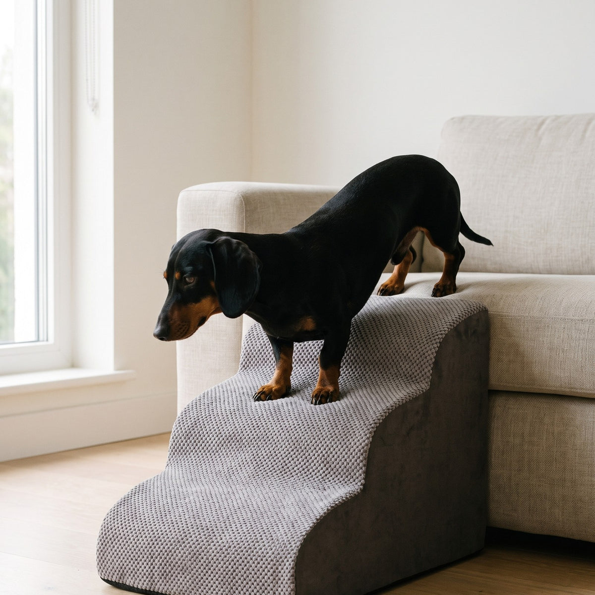 A black and tan dachshund walking down the Doxie Guard pet stairs from a sofa