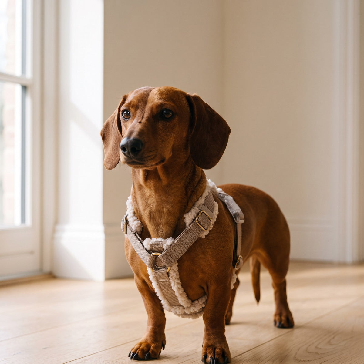 A red dachshund wearing the Doxie Guard Y harness, the Y resting on the breastbone
