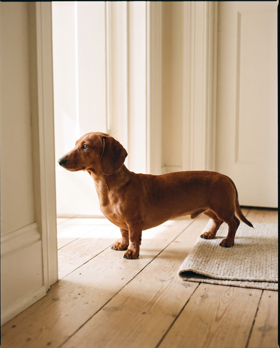 A young red dachshund standing in a sunlit doorway on oak floorboards
