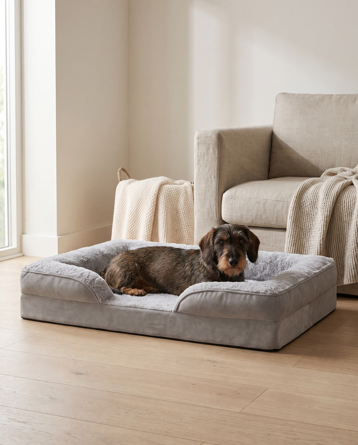 A wire haired dachshund lying settled on the Doxie Guard orthopedic bed
