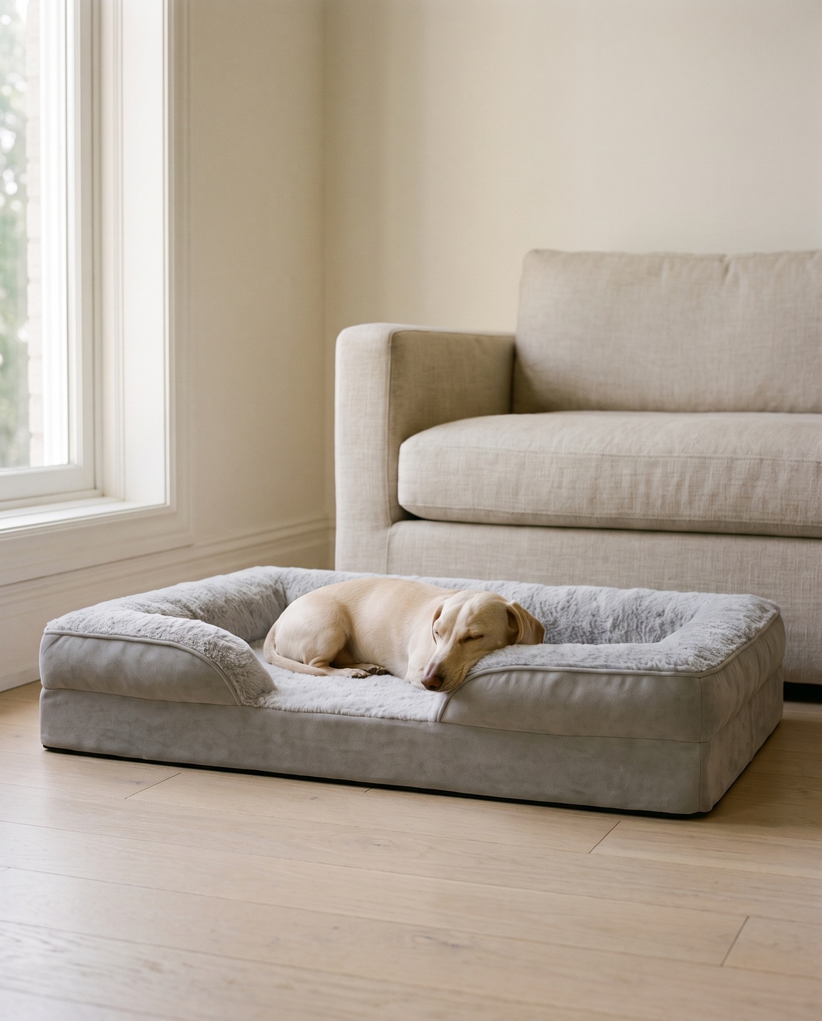 A cream dachshund curled asleep on the Doxie Guard orthopedic bed
