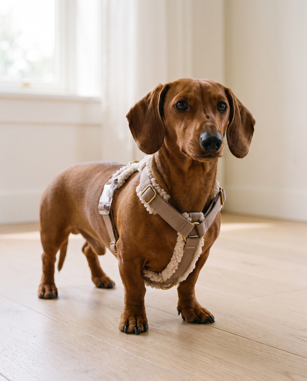 A red dachshund wearing the Doxie Guard Y harness, the Y on the breastbone and the throat clear