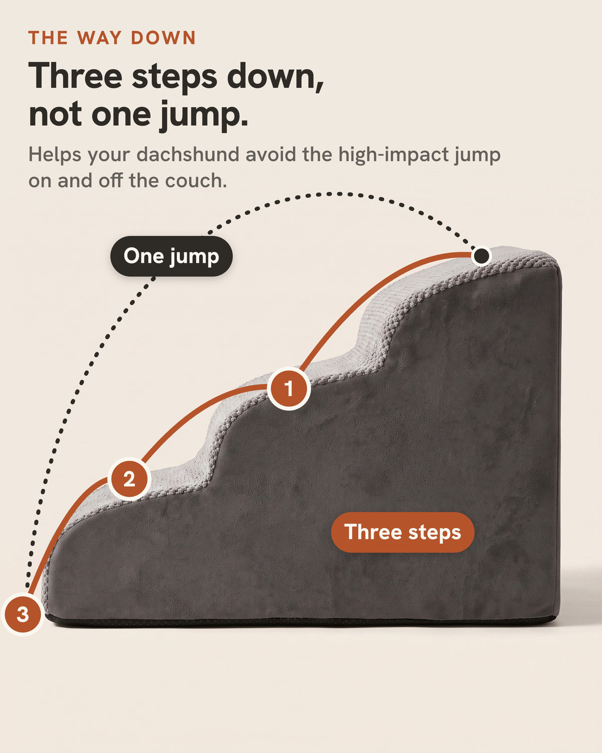 The Doxie Ramp in profile: three steps down, not one jump. It helps your dachshund avoid the high-impact jump on and off the couch.