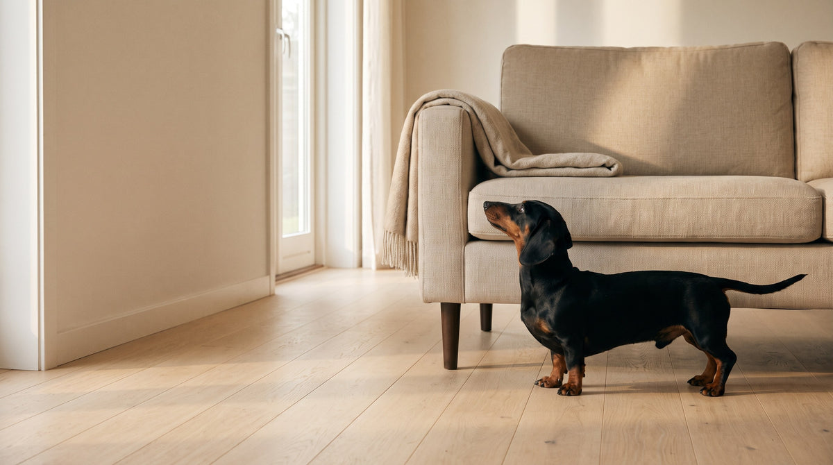 A black and tan dachshund standing on the floor beside a sofa, looking up at the seat