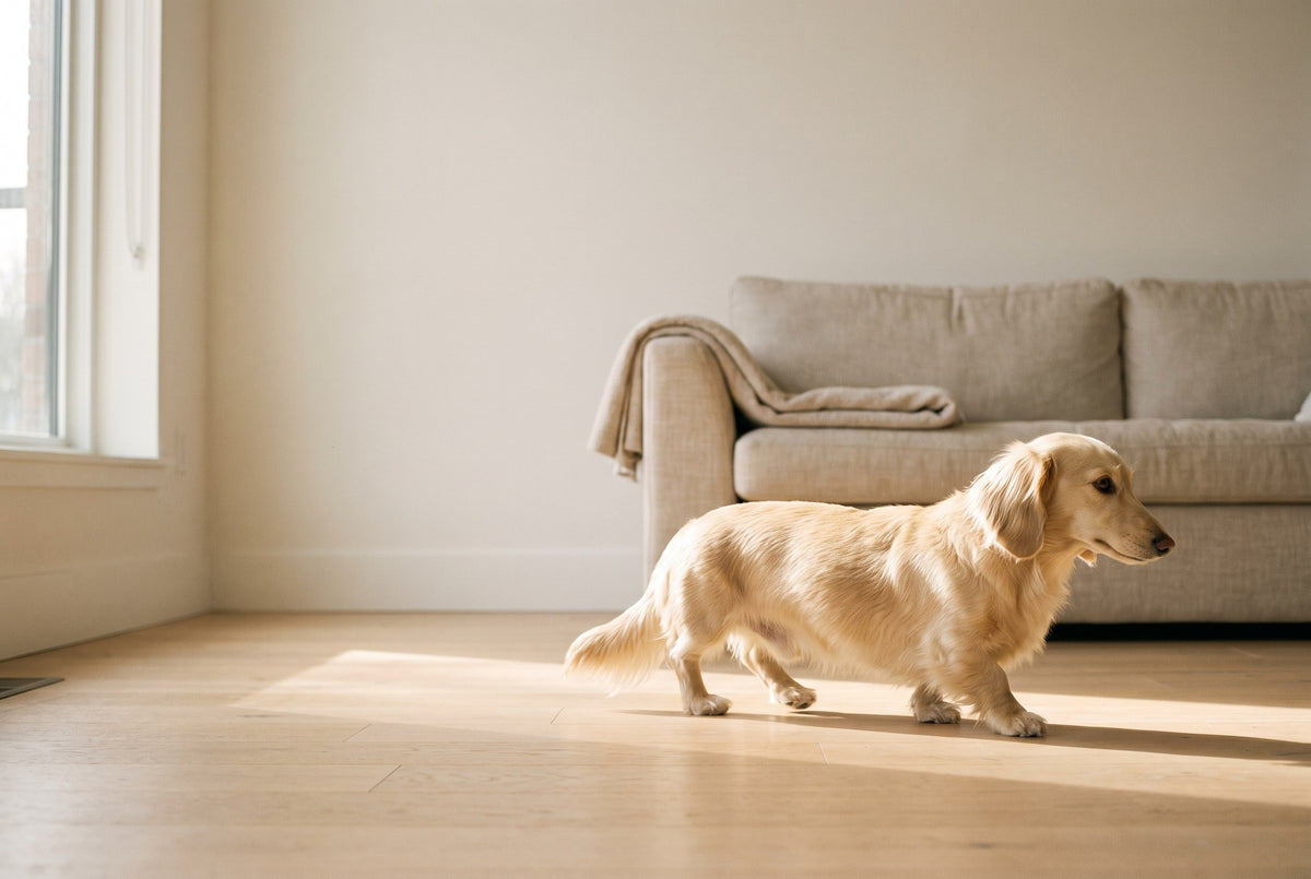 A cream long haired dachshund walking across sunlit oak floorboards