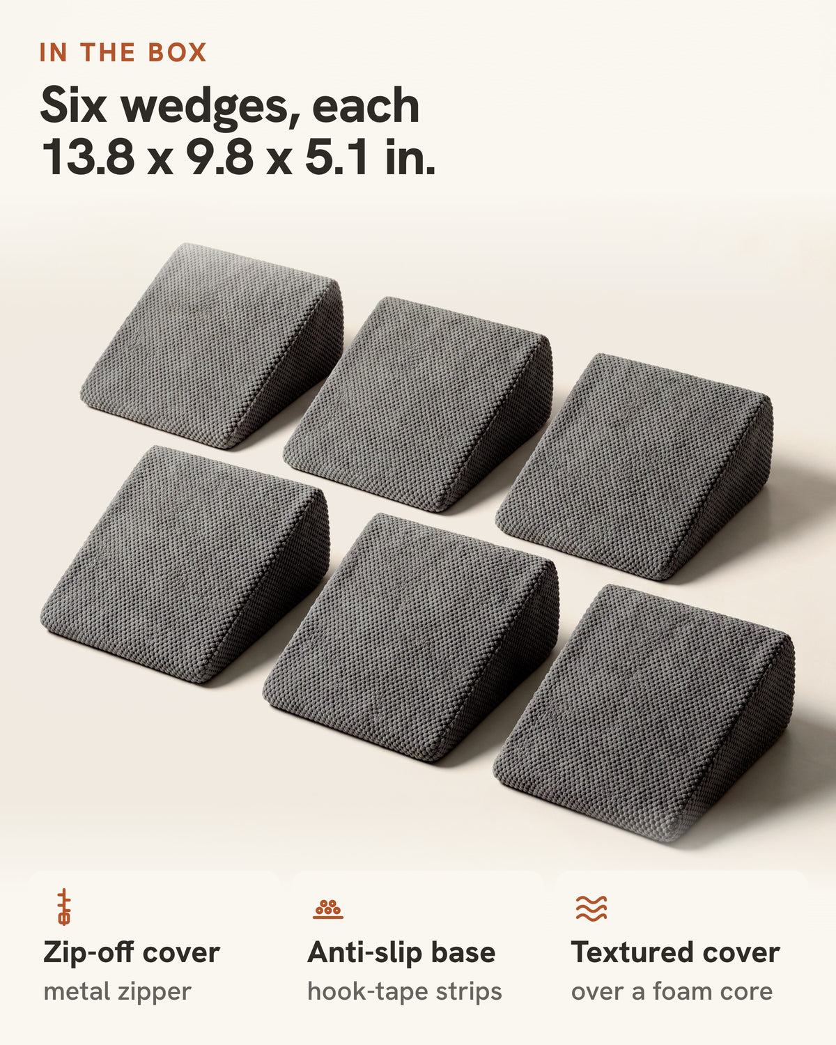 In the box: six Doxie Stair Wedges, each 13.8 x 9.8 x 5.1 in, with a zip-off cover and metal zipper, an anti-slip base with hook-tape strips, and a textured cover over a foam core.