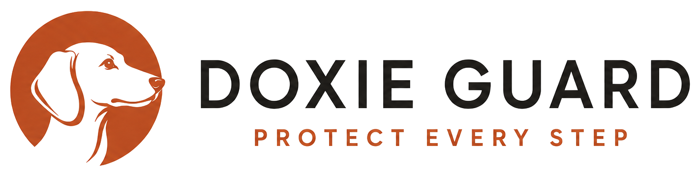 Doxie Guard — dachshund head in copper circle beside the wordmark